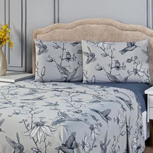 Jogo De Cama Lençol Beija-flor Azul-cinza Queen 04 Peças Estampado Percal 300 Fios Acetinado