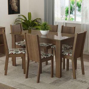 Conjunto Sala De Jantar Mesa Tampo De Vidro 6 Cadeiras Rustic-hibiscos Isla Madesa Rustic-hibiscos