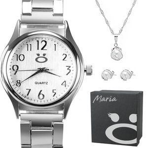 Relogio Feminino Aço Inox Prata + Caixa + Colar Brincos Qualidade Social Moda Original
