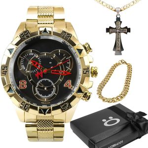 Relógio Masculino à Prova D'água + Pulseira + Cordão Crucifixo Social Ouro Qualidade Preto