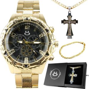Relógio Masculino Aço Inox + Cordão Crucifixo + Pulseira Social Presente Qualidade Casual