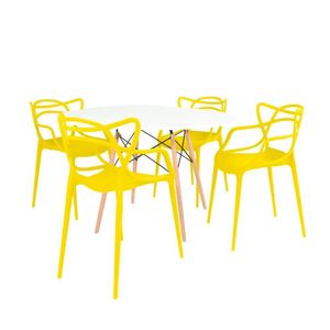 Conjunto Mesa De Jantar Redonda Eiffel Branca 120cm Com 4 Cadeiras Allegra - Amarelo