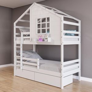 Beliche Casinha Com Janela Com 02 Gavetas E Grade De Proteção Madeira Maciça Branco Housin