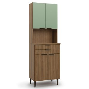 Armário De Cozinha Paneleiro Com Nicho Para Micro-ondas 4 Portas 2 Gavetas Paris Batrol Nogal Verde
