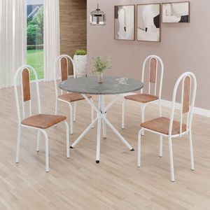 Conjunto Sala De Jantar Mesa Redonda 70cm Tampo Granito Topázio 4 Cadeiras Linda Yescasa Marrom-branco