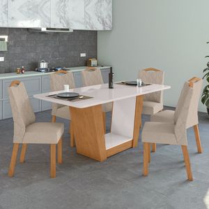 Conjunto Mesa 170cm Apogeu Com Vidro E 6 Cadeiras Venus Amêndoa Clean-off White- Bege