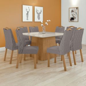 Conjunto Mesa 130cm Nevada Com Vidro Plus Com 8 Cadeiras Venus Amêndoa Clean-off White- Capuccino