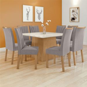 Conjunto Mesa 130cm Nevada Com Vidro Plus Com 8 Cadeiras Apogeu Amêndoa Clean-off White- Capuccino