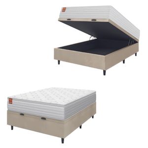 Cama Box Baú Colchão Casal Molas Ensacadas Real 138x188x68cm Branco / Bege Inducol