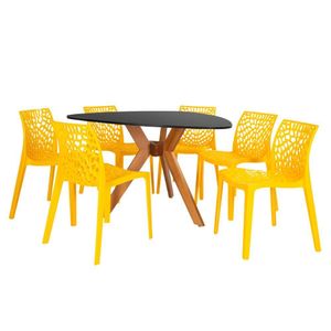 Conjunto Mesa De Jantar Orgânica Nina 120cm Preta Com 6 Cadeiras Gruvyer - Amarelo