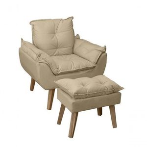 Poltrona/cadeira Decorativa E Puff Glamour Bege Linho Com Pés Quadrado Bege Linho