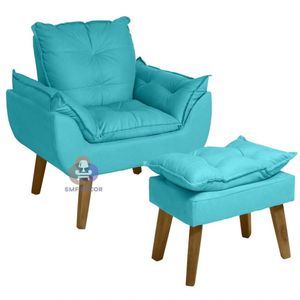 Poltrona/cadeira Decorativa E Puff Glamour Com Pés Quadrado Azul Turquesa
