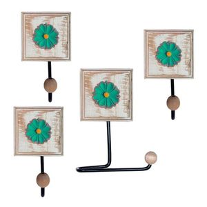 Kit Para Banheiro Com 3 Toalheiros E 1 Porta Papel Higiênico Rustico Flor Branca Cor Verde
