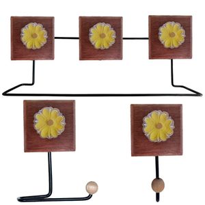 Kit Banheiro 3 Peças Toalheiro Cabideiro Porta Papel Papel Com Flores Coloridas Cor Amarelo