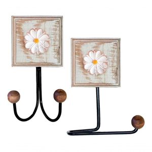Kit Banheiro 2 Peças 1 Toalheiro Duplo + 1 Porta Papel Higiênico Artesanal Flor Madeira Cor Branco