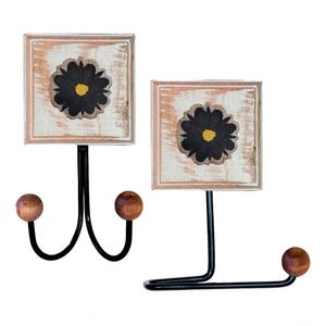 Kit Banheiro 2 Peças 1 Toalheiro Duplo + 1 Porta Papel Higiênico Artesanal Flor Madeira Cor Preto