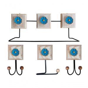 Kit Banheiro Com 2 Toalheiros Duplos + Porta Papel Higiênico + Toalheiro Rustico Artesanal Cor Azul