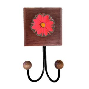 Toalheiro Cabideiro Duplo Flor 3d Rústico Artesanal Ferro Cor Vermelho
