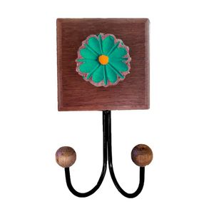 Toalheiro Cabideiro Duplo Flor 3d Rústico Artesanal Ferro Cor Verde