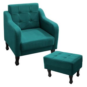 Kit Poltrona Decorativa C- Puff Para Sala Bella Suede Cor:azul Turqueza