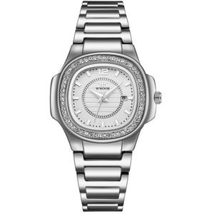 Relógio Feminino Quadrado Com Strass Pulseira Em Aço Inoxidavel Impermeavel Branco