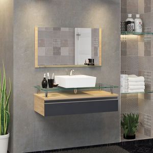 Conjunto Gabinete Banheiro 60cm Ametista Freijó Titanium