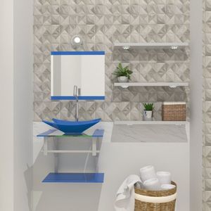Gabinete De Vidro 45cm Com Cuba Retangular Azul