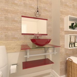 Gabinete De Vidro 70cm Inox Com Cuba Redonda Vermelho Cereja