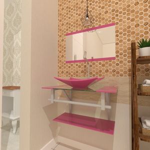 Gabinete De Vidro 70cm Inox Com Cuba Retangular Rosa