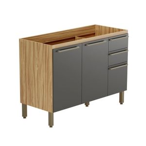 Balcão De Cozinha Com 3 Portas 2 Gavetas Sem Tampo 100% Mdf Napoli Prime Rio Doce Amendoa-chumbo
