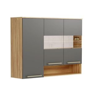 Armário Aéreo De Cozinha 3 Portas Vidro E Nicho 100% Mdf Napoli Prime Rio Doce Amendoa-chumbo