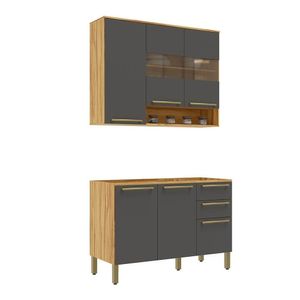 Cozinha Compacta 100% Mdf Com 2 Peças 6 Portas 2 Gavetas Napoli Prime Rio Doce Amendoa-chumbo