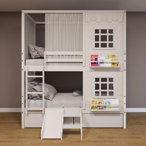 Beliche Casinha Reta Com 02 Janelas 02 Gavetas Cortina E Escorregador Madeira Maciça Branco Housin