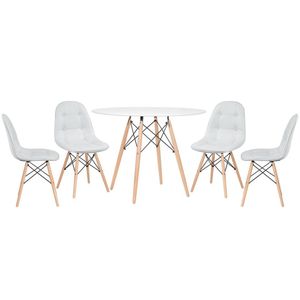 Mesa Redonda Eames 100 Cm Branco + 4 Cadeiras Estofadas Eiffel Botonê Cinza Claro Cinza Claro