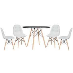 Mesa Redonda Eames 100 Cm Preto + 4 Cadeiras Estofadas Eiffel Botonê Cinza Claro Cinza Claro