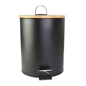 Lixeira De Inox Preta Com Tampa De Bambu 5 Litros