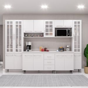 Cozinha Modulada Completa Fidelitá Viena 6 Peças 295cm 15 Portas 3 Gavetas Com Tampo Branco