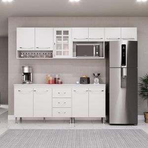 Cozinha Modulada Completa Fidelitá Viena 5 Peças 260cm 11 Portas 3 Gavetas Com Tampo Branco