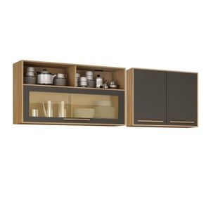 Kit Armário Aéreo 120cm Com Vidro E Armário Aéreo 80cm 2 Portas Salvador Cinamomo-grafite