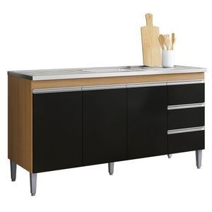 Balcão De Cozinha Com Pia Inox 160cm 3 Gavetas Andréia Amêndoa/preto - Ajl Móveis