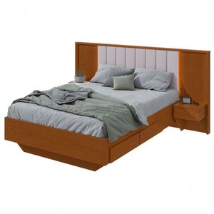 Cama Casal 140cm Com Usb, Usb-c E 2 Mesa De Cabeceiras Solaris Frassino Off White