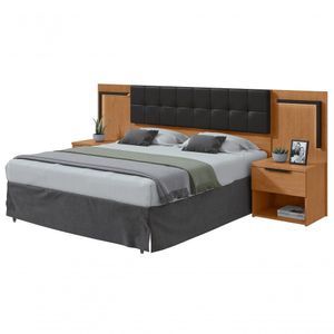 Cabeceira Casal 160cm 2 Mesas De Cabeceira Com Led Calitan Amendoa Clean Preto Fosco