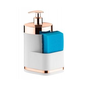 Dispenser Para Detergente Líquido Em Plástico Com Porta Esponja Eleganza 500Ml Branco E Rose Gold