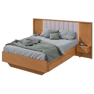 Cama Casal 140cm Com Usb, Usb-c E 2 Mesa De Cabeceiras Solaris - Lopas Amendoa Clean/off White