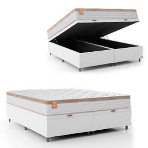 Cama Box Baú Colchão Casal Queen Molas Ensacadas Real 158x198x68cm Linho Branco / Bege Inducol Branco Nat