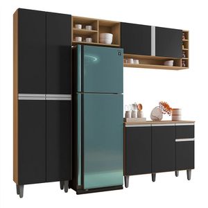 Cozinha Modulada 230cm 4 Peças Balcão E Aéreo Vanessa Amêndoa Preto