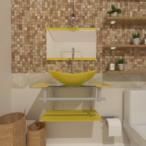 Gabinete De Vidro 70cm Inox Com Cuba Oval Amarelo