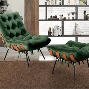 Poltrona Costela Com Puff Base Fixa Para Sala, Quarto Verde