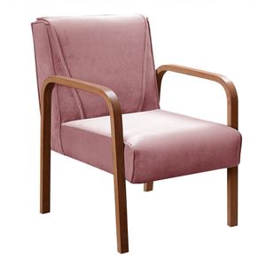Poltrona Cadeira Moderna Braço Madeira Anita Veludo Rosé