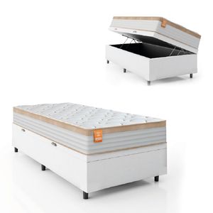 Cama Box Baú Colchão Solteiro Molas Ensacadas Real 88x188x68cm Linho Branco / Bege Inducol Branco